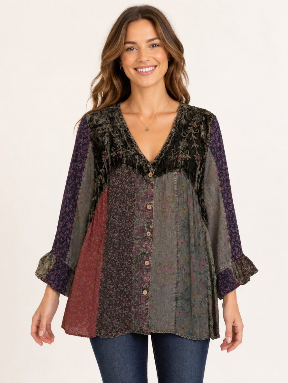 Young Threads Patchwork Floral Velvet Boho Tunic Top Size Large NWT